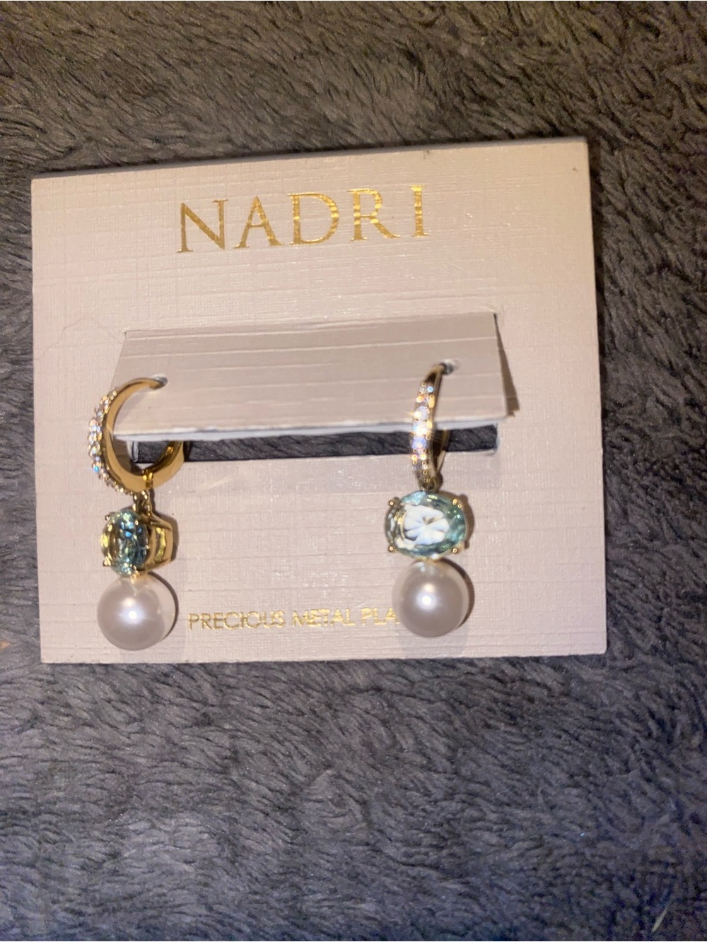 Nadri Gold Hoop Earrings with Aqua Stone and White Pearl Drops